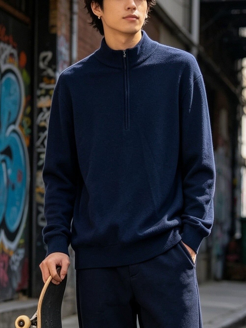 Nicole Farhi Men’s Large 100% Merino Wool Full Zip Sweater Navy Blue Luxury Knit